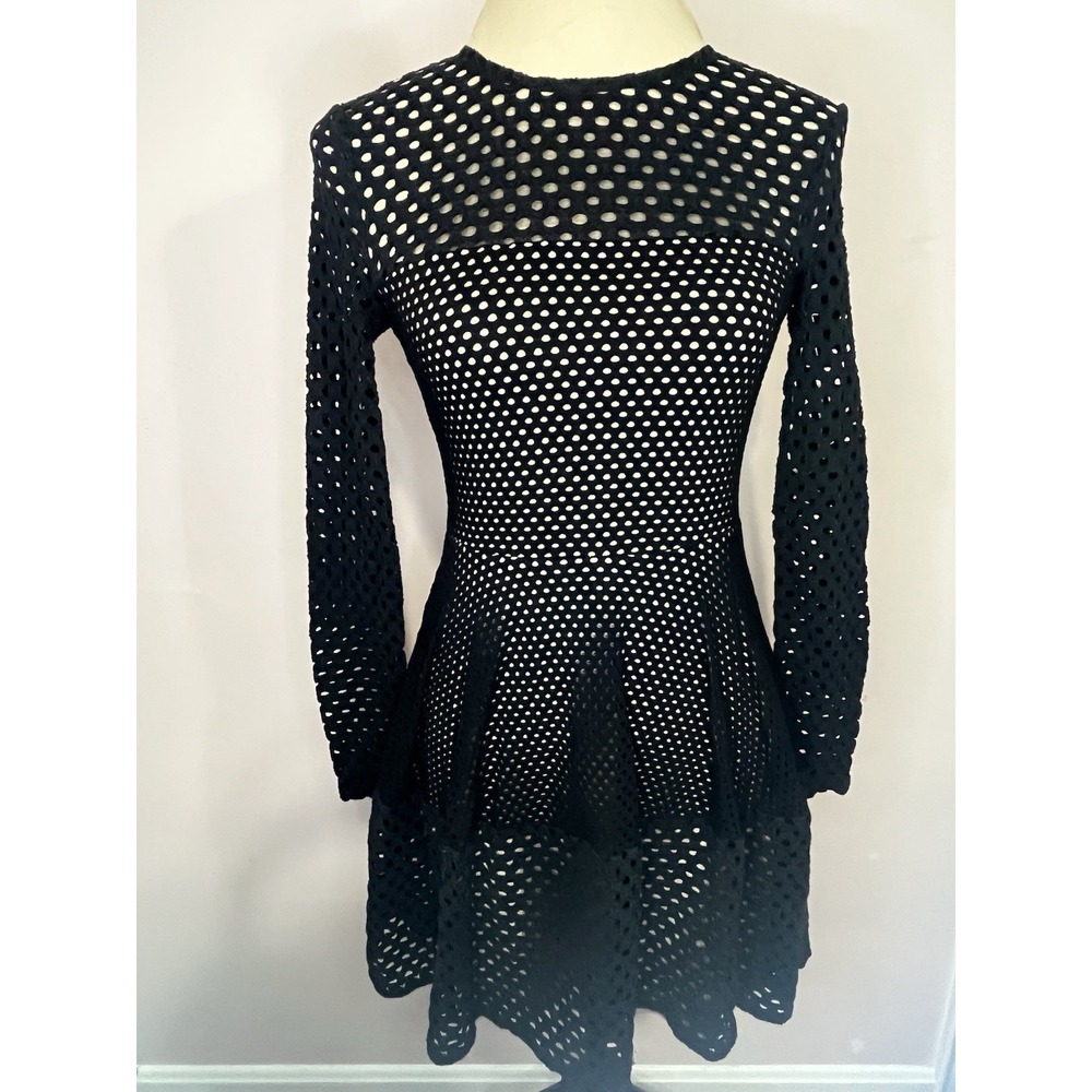 BCBG MAXAZRIA Black Mesh Eyelet Long Sleeve Fit Flare Dress XS Gothic Cocktail - Picture 3 of 14